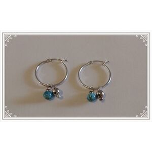 New~American West Jewelry 925 SS Hoops w/Sterling & Turquoise Ball Bead Charms